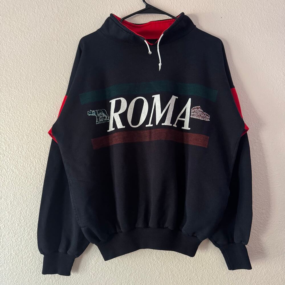 VTG 90s Roma Italia Sweatshirt Boxy XL Mock Neck Drawstring Color Block Italy